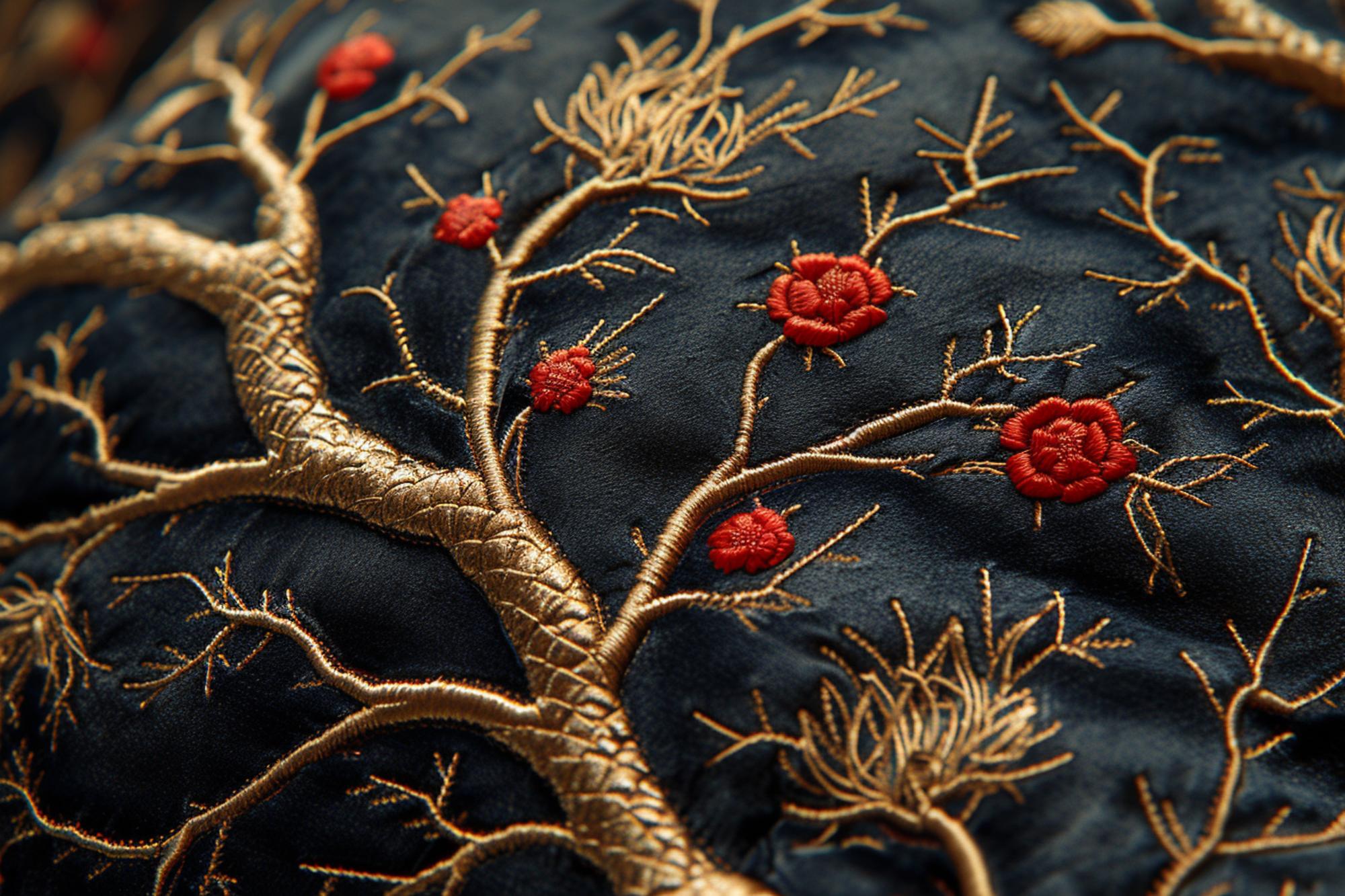 Decorative botanical embroidery on velvet