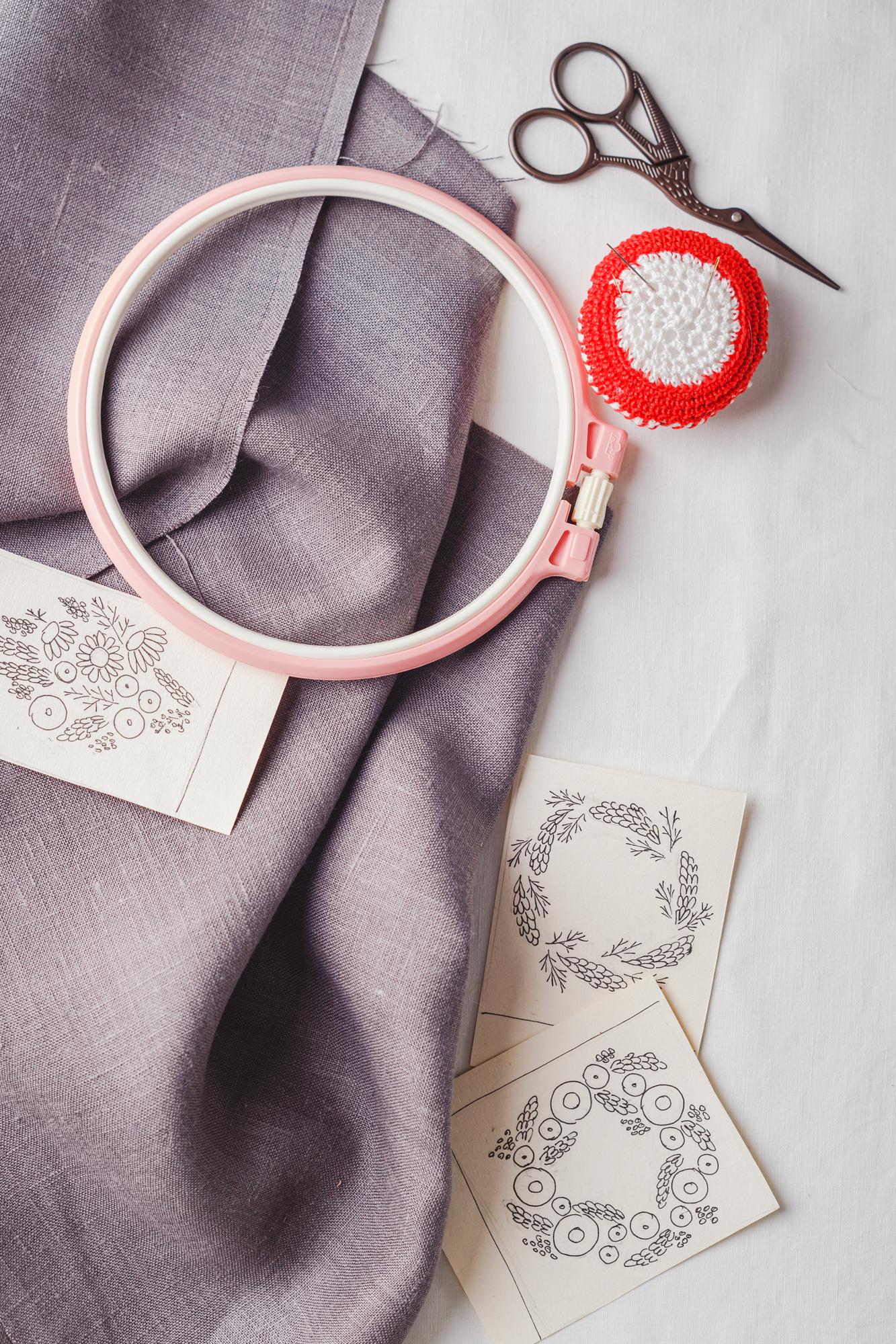 Studio tools next to finished embroidered sample